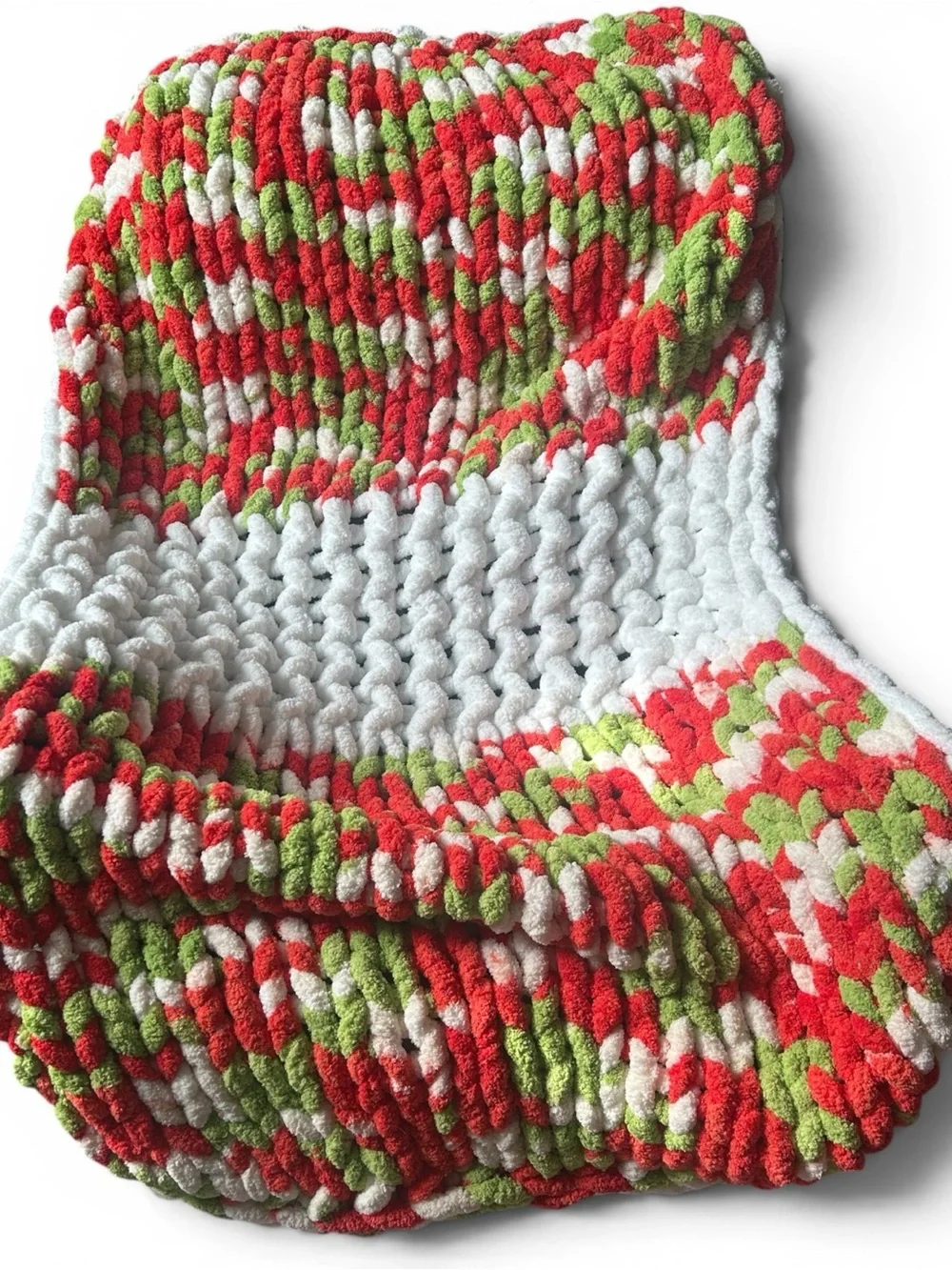 Chunky Crochet Throw Blanket in Red, Green & White ( Grinch Colors)
